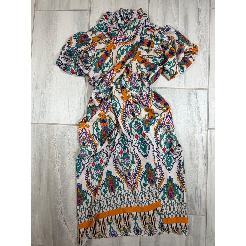 Entro Boho Paisley Geometric Print Mock Neck Wrap Front Midi Dress Small Multi